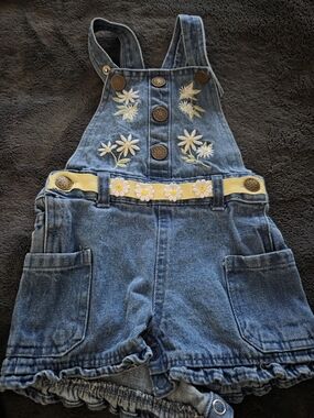 Nannette Soft Denim Daisy Kids Overalls with Yellow Daisy Belt-MISSING 1 BUTTON